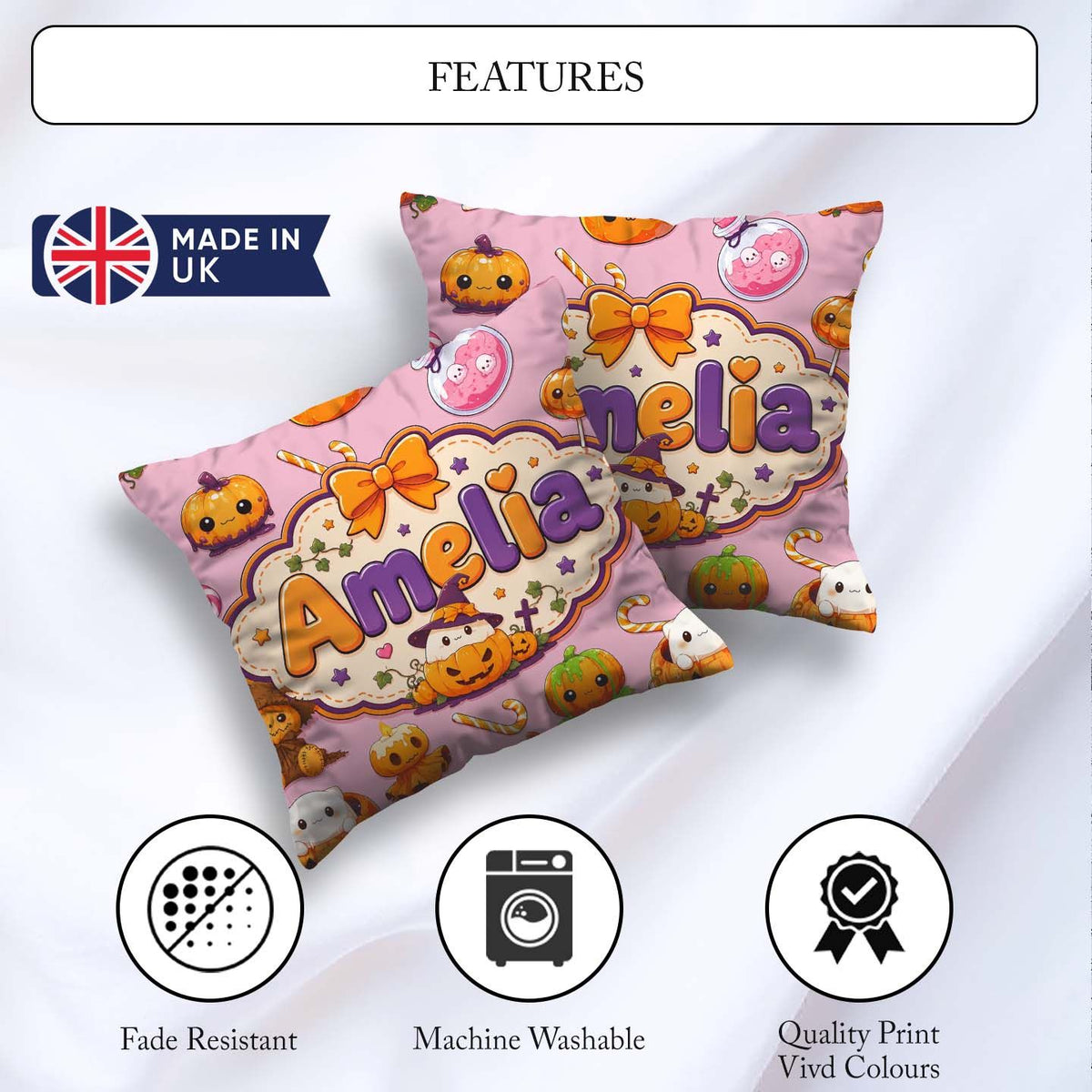 Custom Name Kawaii Halloween Pumpkin Candy Seamless Pattern Pink Square Filled Cushion Throw Pillow Sofa Bed Home Decor Zip Washable UK Made