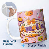 Personalized Custom Name Cute Kawaii Halloween Pumpkin Candy Scarecrow Seamless Pattern Pink 11oz Ceramic Coffee Tea Mug White Large Handle