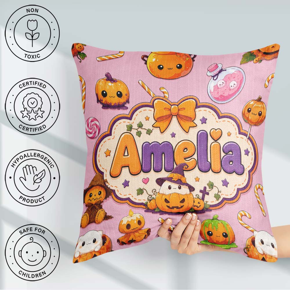 Custom Name Kawaii Halloween Pumpkin Candy Seamless Pattern Pink Square Filled Cushion Throw Pillow Sofa Bed Home Decor Zip Washable UK Made