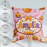 Custom Name Kawaii Halloween Pumpkin Candy Seamless Pattern Pink Square Filled Cushion Throw Pillow Sofa Bed Home Decor Zip Washable UK Made