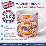 Personalized Custom Name Cute Kawaii Halloween Pumpkin Candy Scarecrow Seamless Pattern Pink 11oz Ceramic Coffee Tea Mug White Large Handle