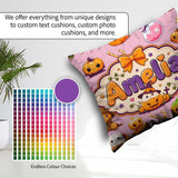 Custom Name Kawaii Halloween Pumpkin Candy Seamless Pattern Pink Square Filled Cushion Throw Pillow Sofa Bed Home Decor Zip Washable UK Made