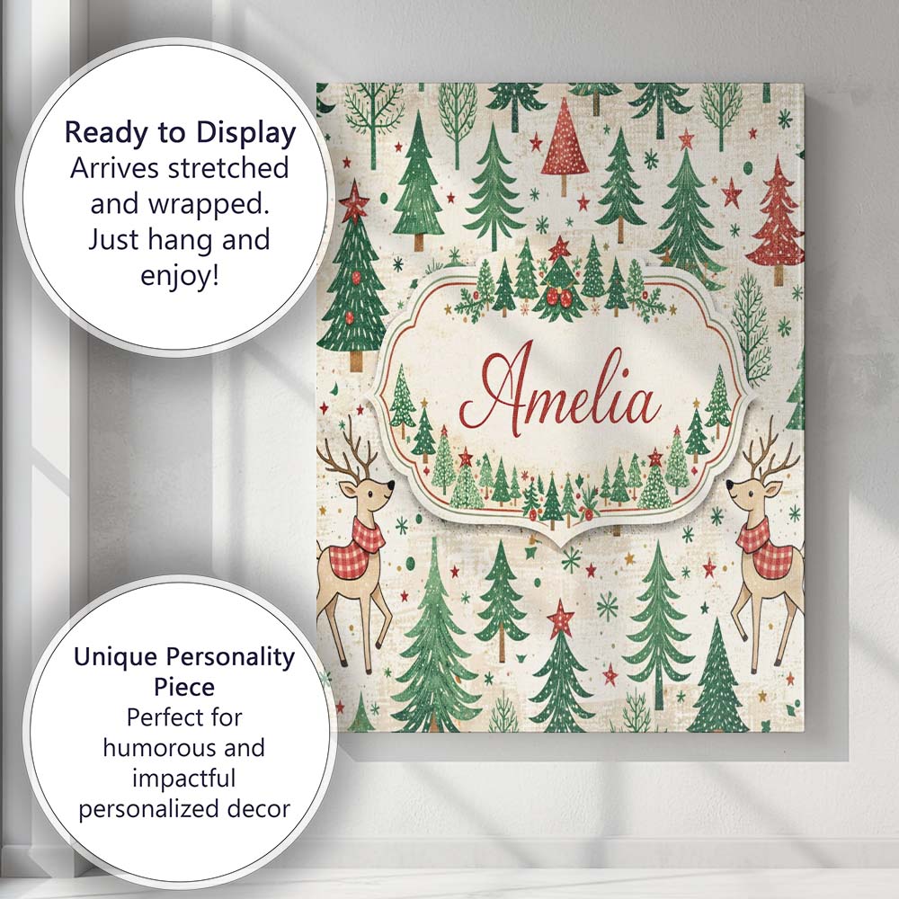 Personalised Name Christmas Reindeer Pine Tree Scandinavian Festive Custom Canvas Wall Art Print Decor Picture Ready to Hang