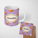 Personalized Custom Name Cute Halloween Pumpkin Candy Scarecrow Seamless Pattern Purple 11oz Ceramic Coffee Tea Mug White Large Handle