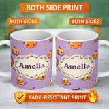 Personalized Custom Name Cute Halloween Pumpkin Candy Scarecrow Seamless Pattern Purple 11oz Ceramic Coffee Tea Mug White Large Handle