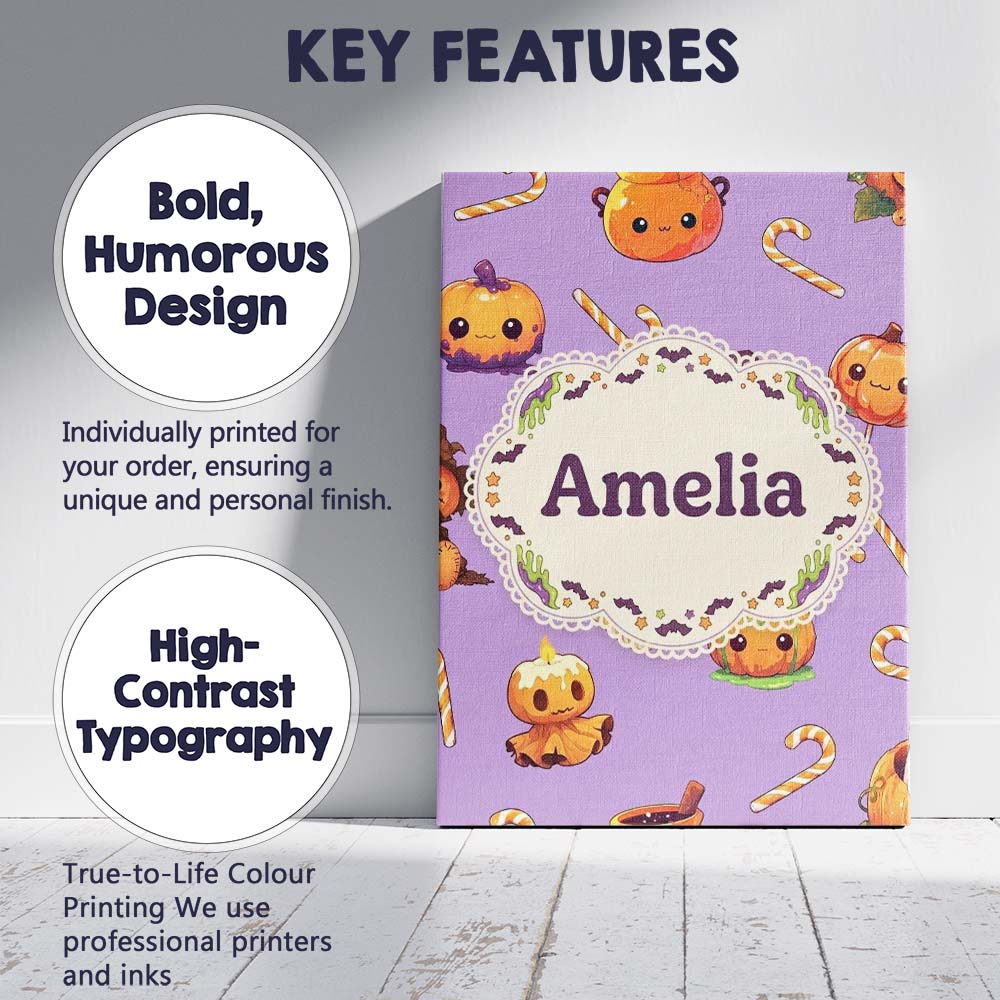 Personalised Name Cute Halloween Pumpkin Custom  Unique Gift Idea Elegant Feature Canvas Wall Art Print Decor Picture Ready to Hang