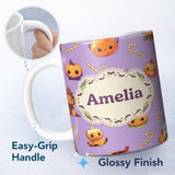 Personalized Custom Name Cute Halloween Pumpkin Candy Scarecrow Seamless Pattern Purple 11oz Ceramic Coffee Tea Mug White Large Handle
