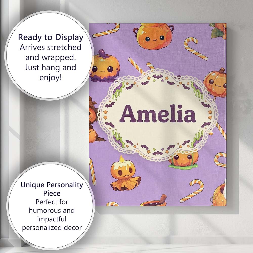 Personalised Name Cute Halloween Pumpkin Custom  Unique Gift Idea Elegant Feature Canvas Wall Art Print Decor Picture Ready to Hang