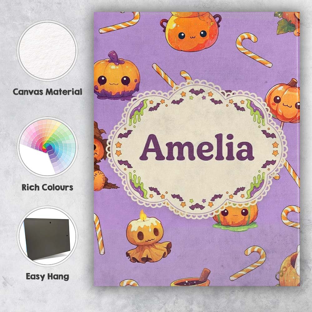 Personalised Name Cute Halloween Pumpkin Custom  Unique Gift Idea Elegant Feature Canvas Wall Art Print Decor Picture Ready to Hang