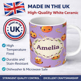 Personalized Custom Name Cute Halloween Pumpkin Candy Scarecrow Seamless Pattern Purple 11oz Ceramic Coffee Tea Mug White Large Handle