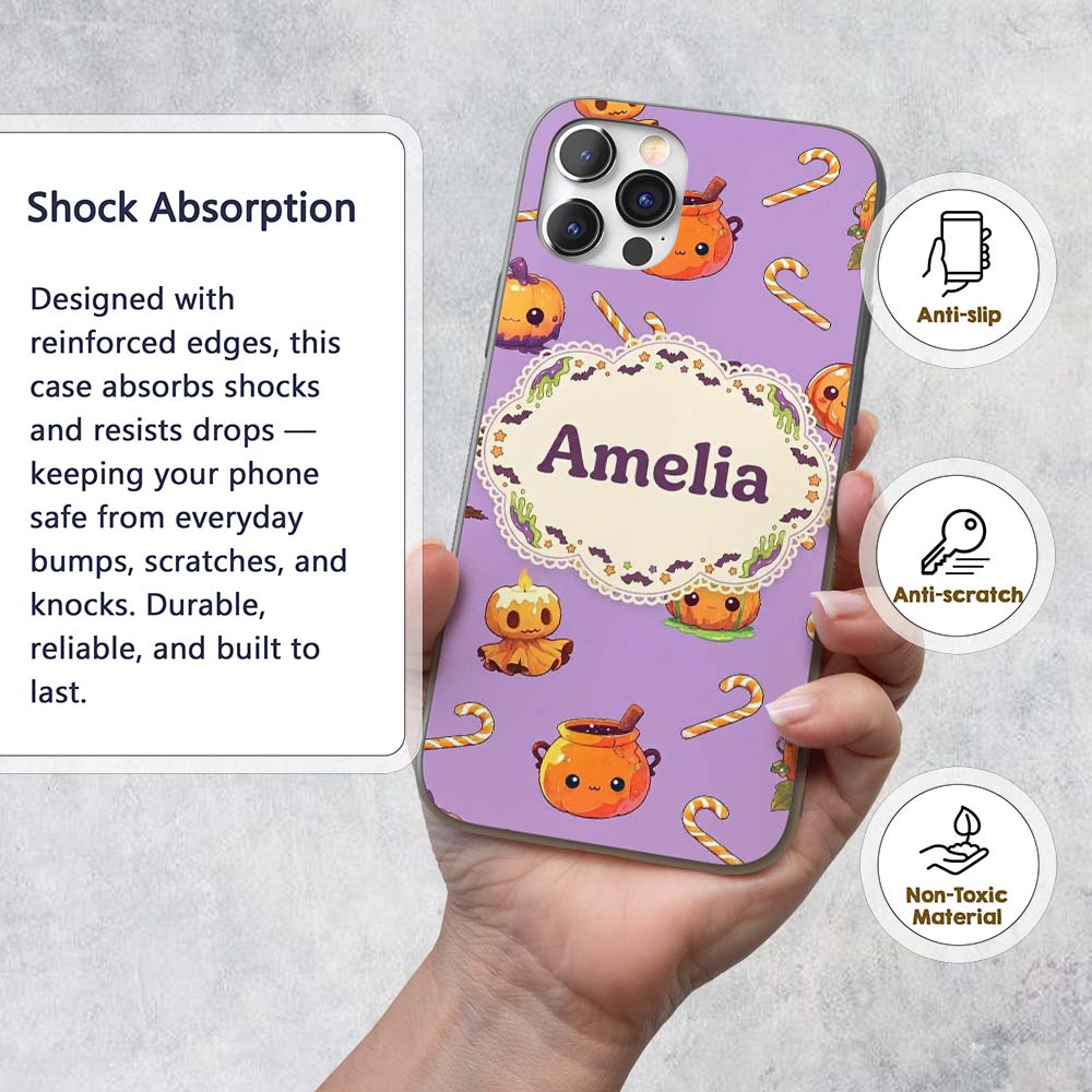 Cute Halloween Pumpkin Candy Scarecrow Seamless Custom Name Protective Phone Case Mobile Cover Durable Everyday Smartphone Shock Resistant
