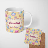Personalized Custom Name Kawaii Jellyfish Puffer Fish Starfish Pastel Ocean Creatures Yellow 11oz Ceramic Coffee Tea Mug White Large Handle