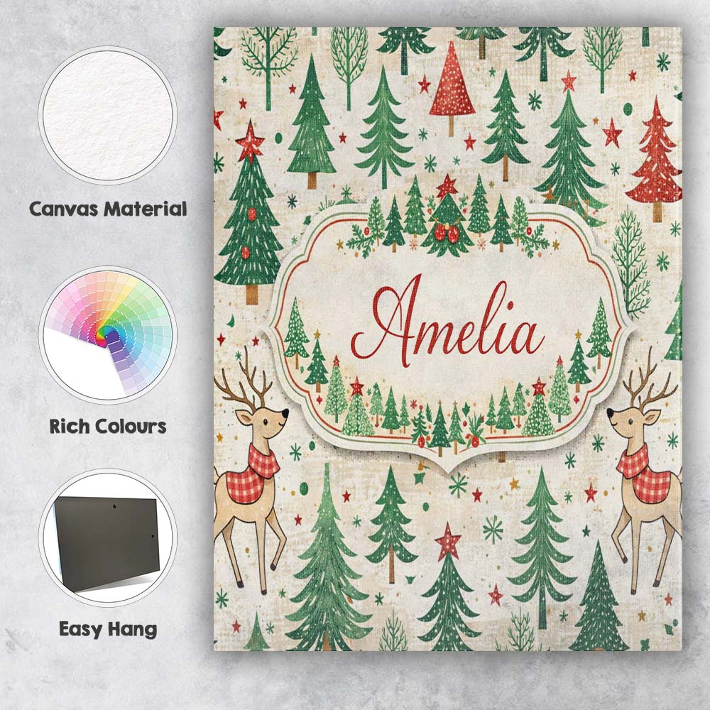 Personalised Name Christmas Reindeer Pine Tree Scandinavian Festive Custom Canvas Wall Art Print Decor Picture Ready to Hang