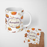 Personalized Custom Name Cute Kawaii Halloween Pumpkin Candy Scarecrow Seamless Pattern Grey 11oz Ceramic Coffee Tea Mug White Large Handle
