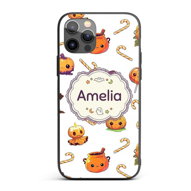 Cute Kawaii Halloween Pumpkin Candy Scarecrow Custom Name Protective Phone Case Mobile Cover Durable Everyday Smartphone Shock Resistant
