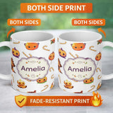 Personalized Custom Name Cute Kawaii Halloween Pumpkin Candy Scarecrow Seamless Pattern Grey 11oz Ceramic Coffee Tea Mug White Large Handle