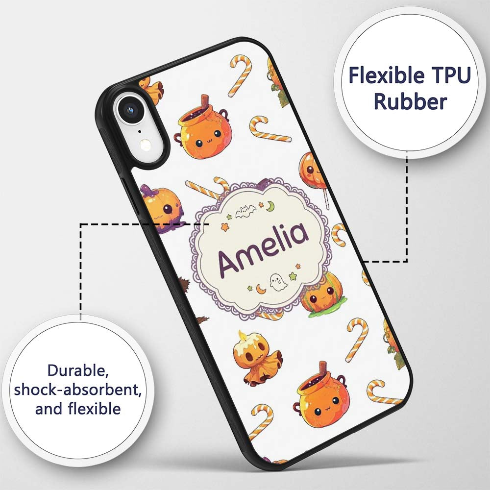 Cute Kawaii Halloween Pumpkin Candy Scarecrow Custom Name Protective Phone Case Mobile Cover Durable Everyday Smartphone Shock Resistant