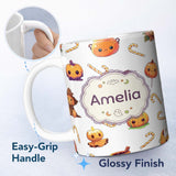 Personalized Custom Name Cute Kawaii Halloween Pumpkin Candy Scarecrow Seamless Pattern Grey 11oz Ceramic Coffee Tea Mug White Large Handle
