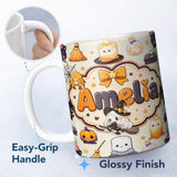 Personalized Custom Name Cute Kawaii Witch Spider Candle Moon Seamless Pattern Cream 11oz Ceramic Coffee Tea Mug White Large Handle