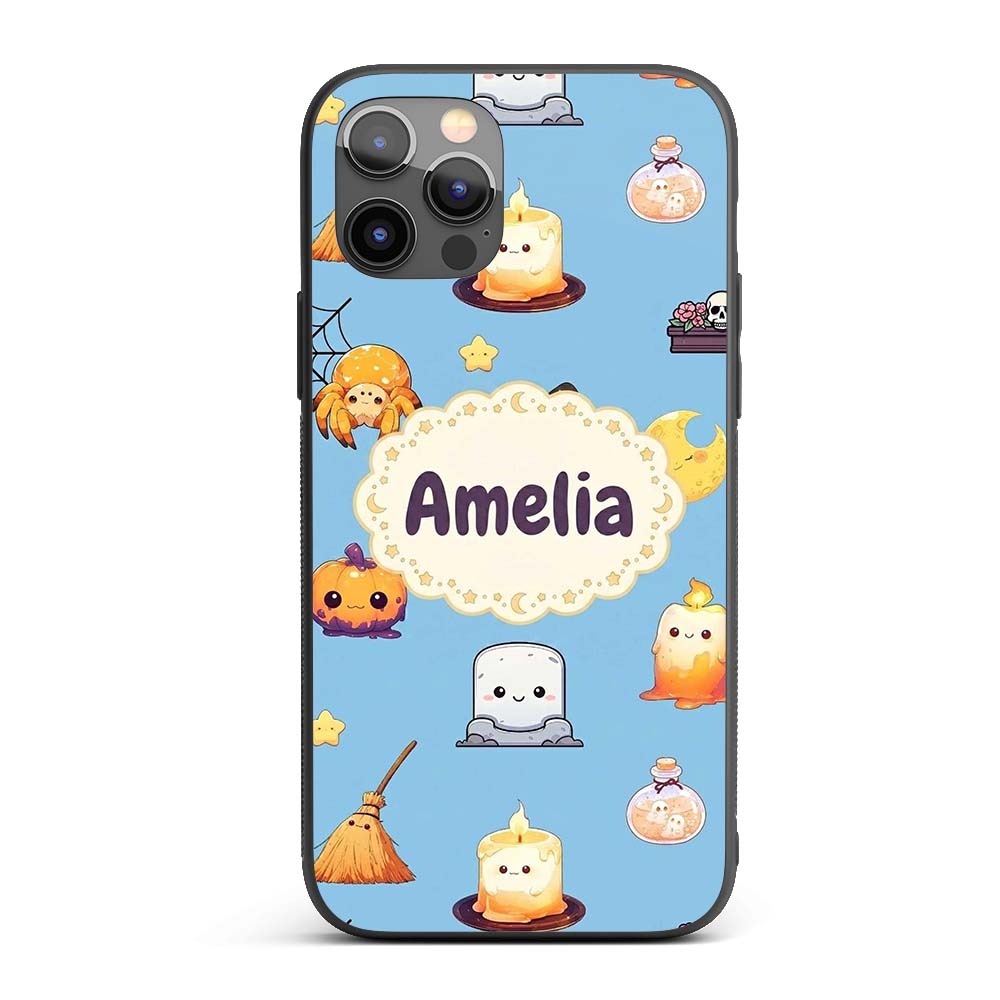 Cute Kawaii Witch Spider Candle Moon Seamless Custom Name Protective Phone Case Mobile Cover Durable Everyday Smartphone Shock Resistant
