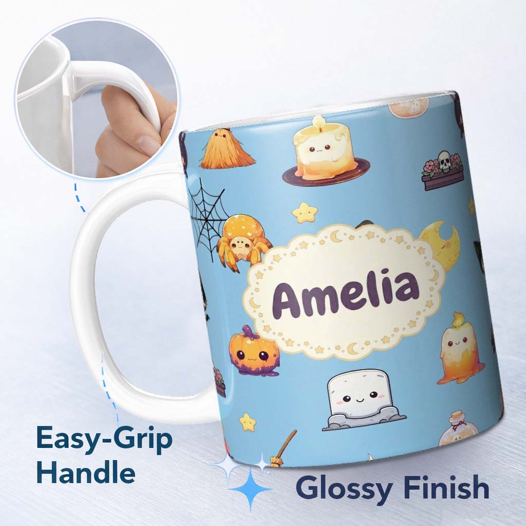 Personalized Custom Name Cute Kawaii Witch Spider Candle Moon Seamless Pattern Blue 11oz Ceramic Coffee Tea Mug White Large Handle