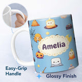 Personalized Custom Name Cute Kawaii Witch Spider Candle Moon Seamless Pattern Blue 11oz Ceramic Coffee Tea Mug White Large Handle