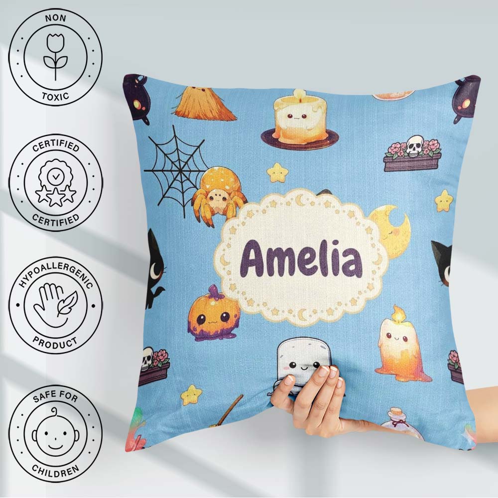Custom Name Cute Kawaii Spider Candle Moon Seamless Pattern Blue Square Filled Cushion Throw Pillow Sofa Bed Home Decor Zip Washable UK Made