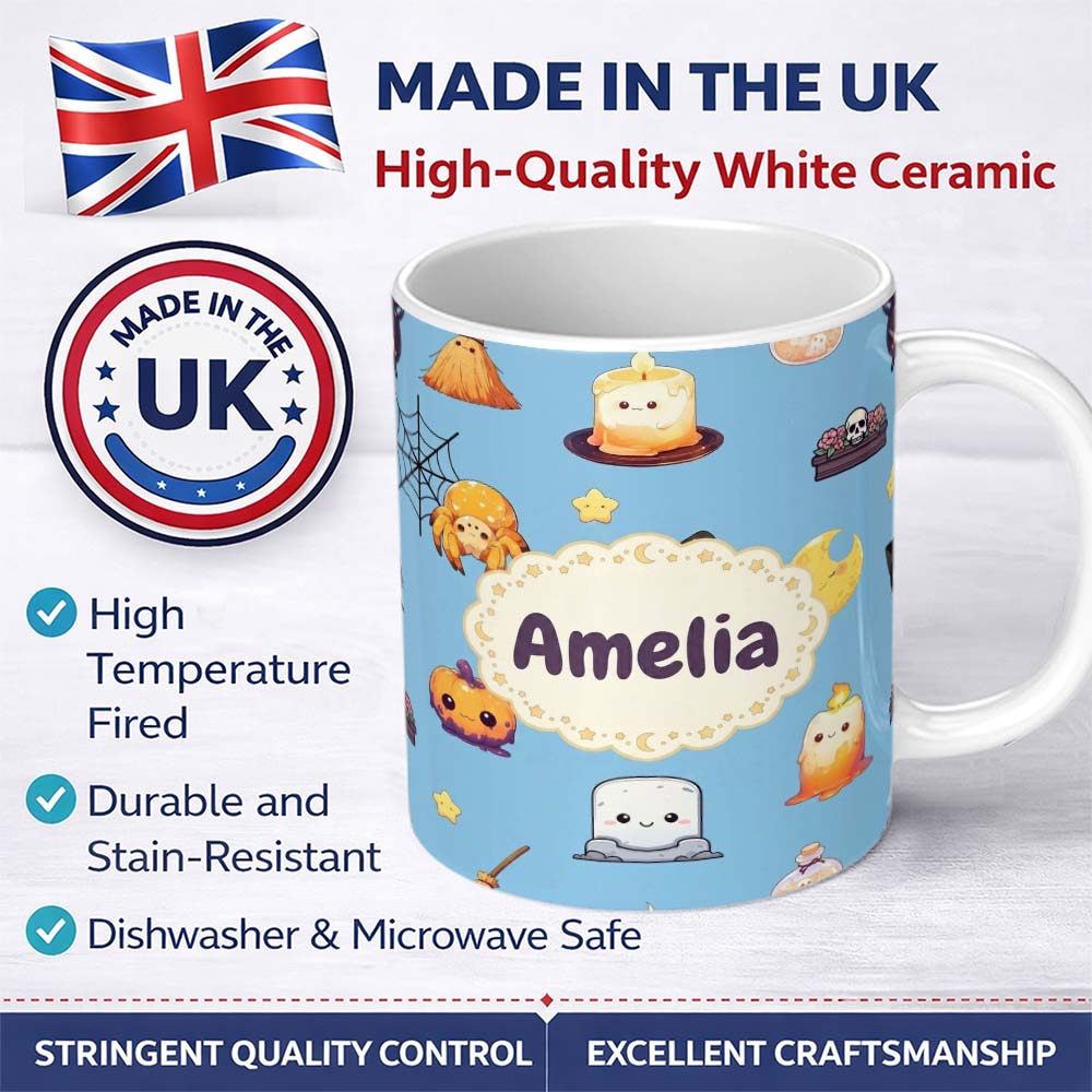 Personalized Custom Name Cute Kawaii Witch Spider Candle Moon Seamless Pattern Blue 11oz Ceramic Coffee Tea Mug White Large Handle