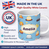 Personalized Custom Name Cute Kawaii Witch Spider Candle Moon Seamless Pattern Blue 11oz Ceramic Coffee Tea Mug White Large Handle