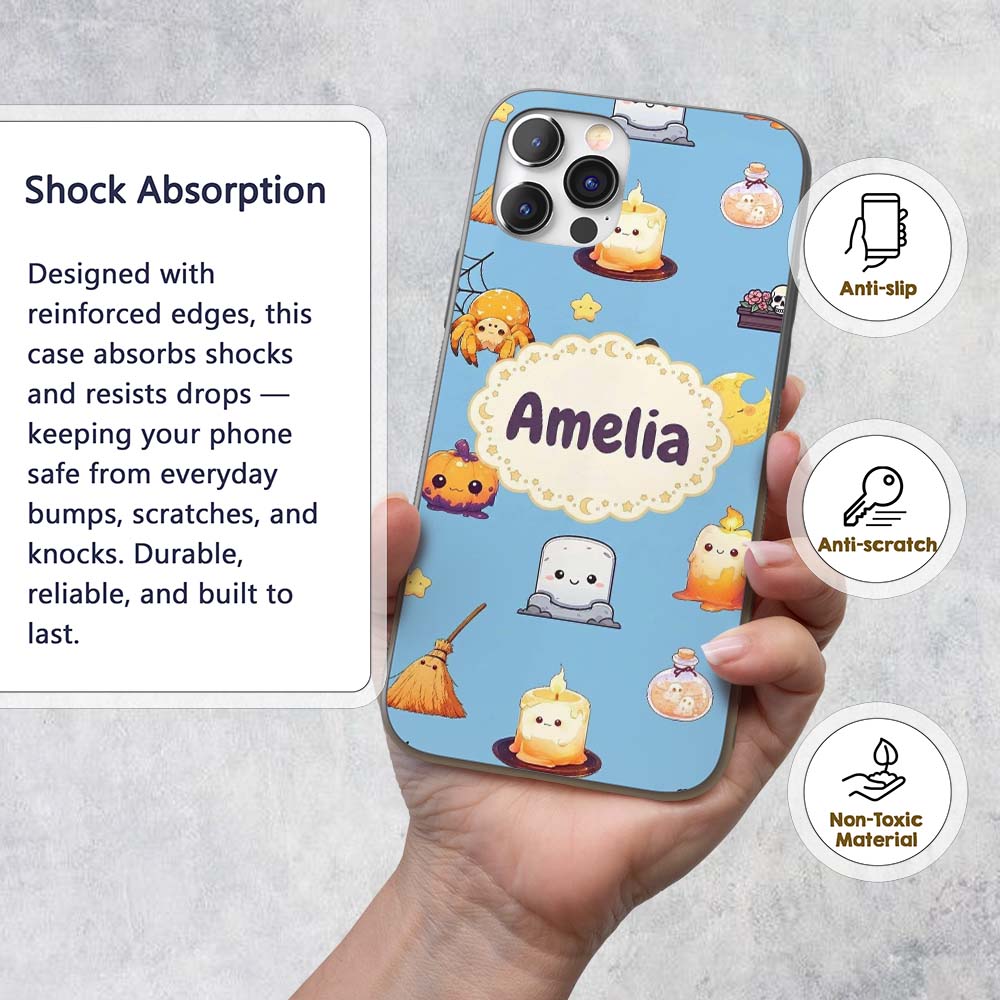 Cute Kawaii Witch Spider Candle Moon Seamless Custom Name Protective Phone Case Mobile Cover Durable Everyday Smartphone Shock Resistant