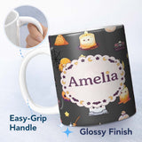 Personalized Custom Name Cute Kawaii Witch Spider Candle Moon Seamless Pattern Black 11oz Ceramic Coffee Tea Mug White Large Handle