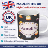 Personalized Custom Name Cute Kawaii Witch Spider Candle Moon Seamless Pattern Black 11oz Ceramic Coffee Tea Mug White Large Handle