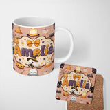 Personalized Custom Name Cute Kawaii Witch Spider Candle Moon Seamless Pattern Peach 11oz Ceramic Coffee Tea Mug White Large Handle
