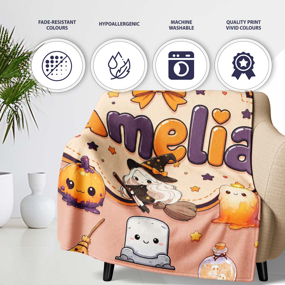 Cute Kawaii Witch Spider Candle Moon Seamless Pattern Peach  Personalised Custom Name Super Soft Fleece Blanket Bed Sofa Throw
