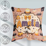 Custom Name Cute Kawaii Witch Spider Moon Seamless Pattern Peach Square Filled Cushion Throw Pillow Sofa Bed Home Decor Zip Washable UK Made