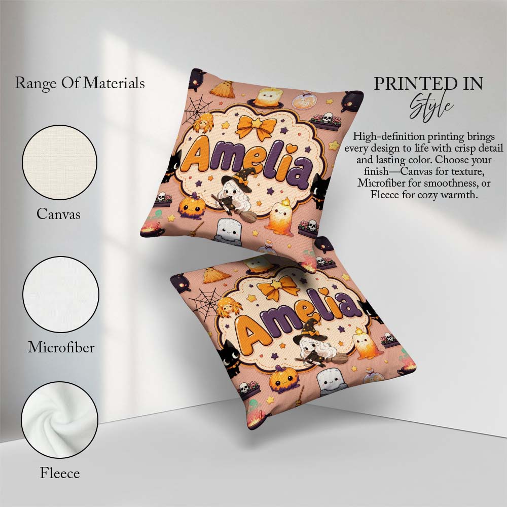 Custom Name Cute Kawaii Witch Spider Moon Seamless Pattern Peach Square Filled Cushion Throw Pillow Sofa Bed Home Decor Zip Washable UK Made