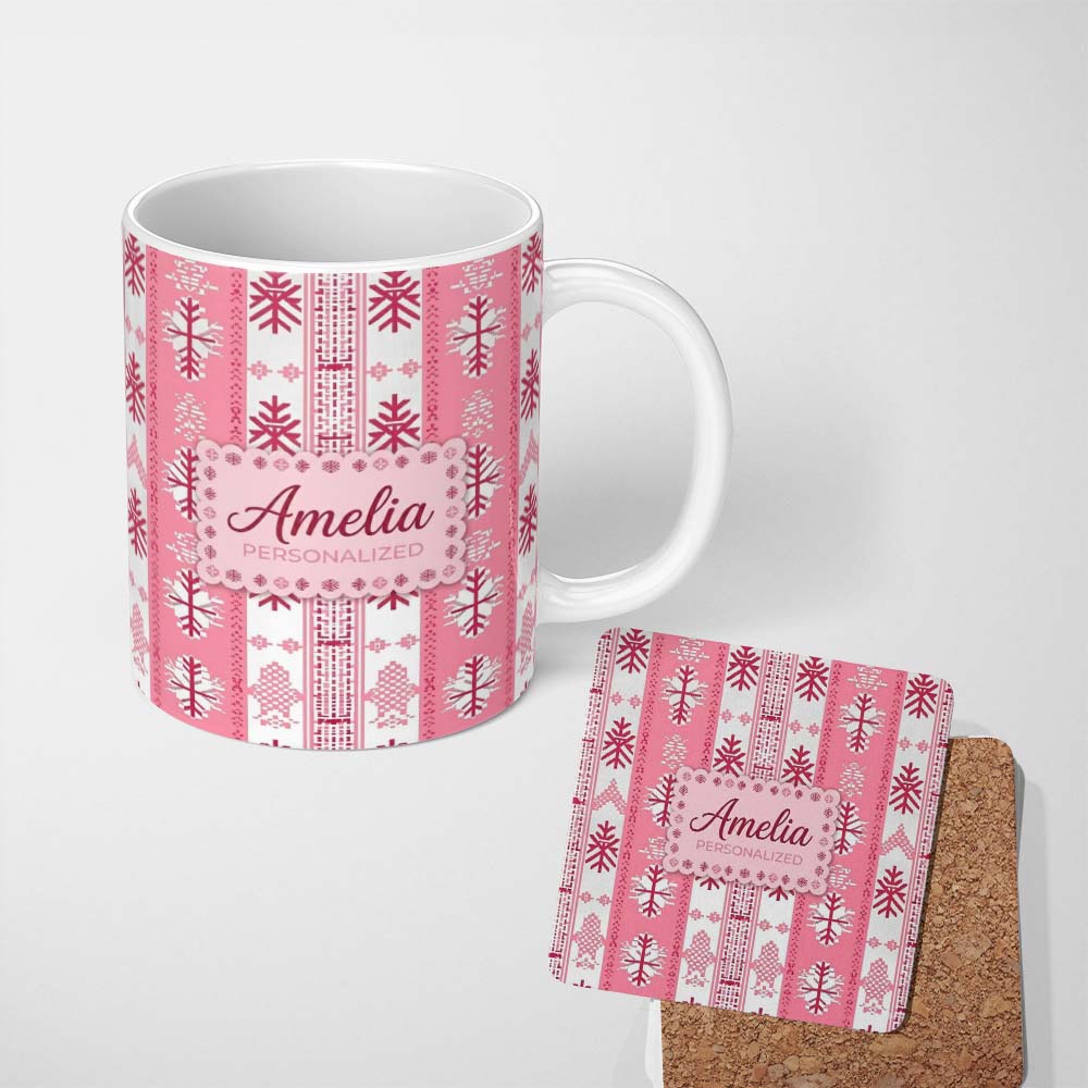 Personalized Custom Name Scandinavian Pink Snowflake Nordic Seamless Pattern Cute Unique Gift 11oz Ceramic Coffee Tea Mug White Large Handle