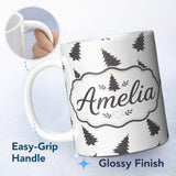 Personalized Custom Name Minimal Christmas Tree Pattern Grey Background Simple Holiday Lovely 11oz Ceramic Coffee Tea Mug White Large Handle