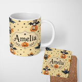Personalized Custom Name Cute Halloween Bats Sitting on Pumpkins with Stars Yellow Background 11oz Ceramic Coffee Tea Mug White Large Handle