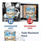 Personalized Custom Name Cute Farm Scene Tractor Duck Farmer Child Clouds Blue Background 11oz Ceramic Coffee Tea Mug White Large Handle