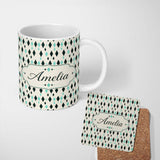 Personalized Custom Name Minimal Geometric Diamond Shapes Abstract Seamless Pattern Lovely 11oz Ceramic Coffee Tea Mug White Large Handle