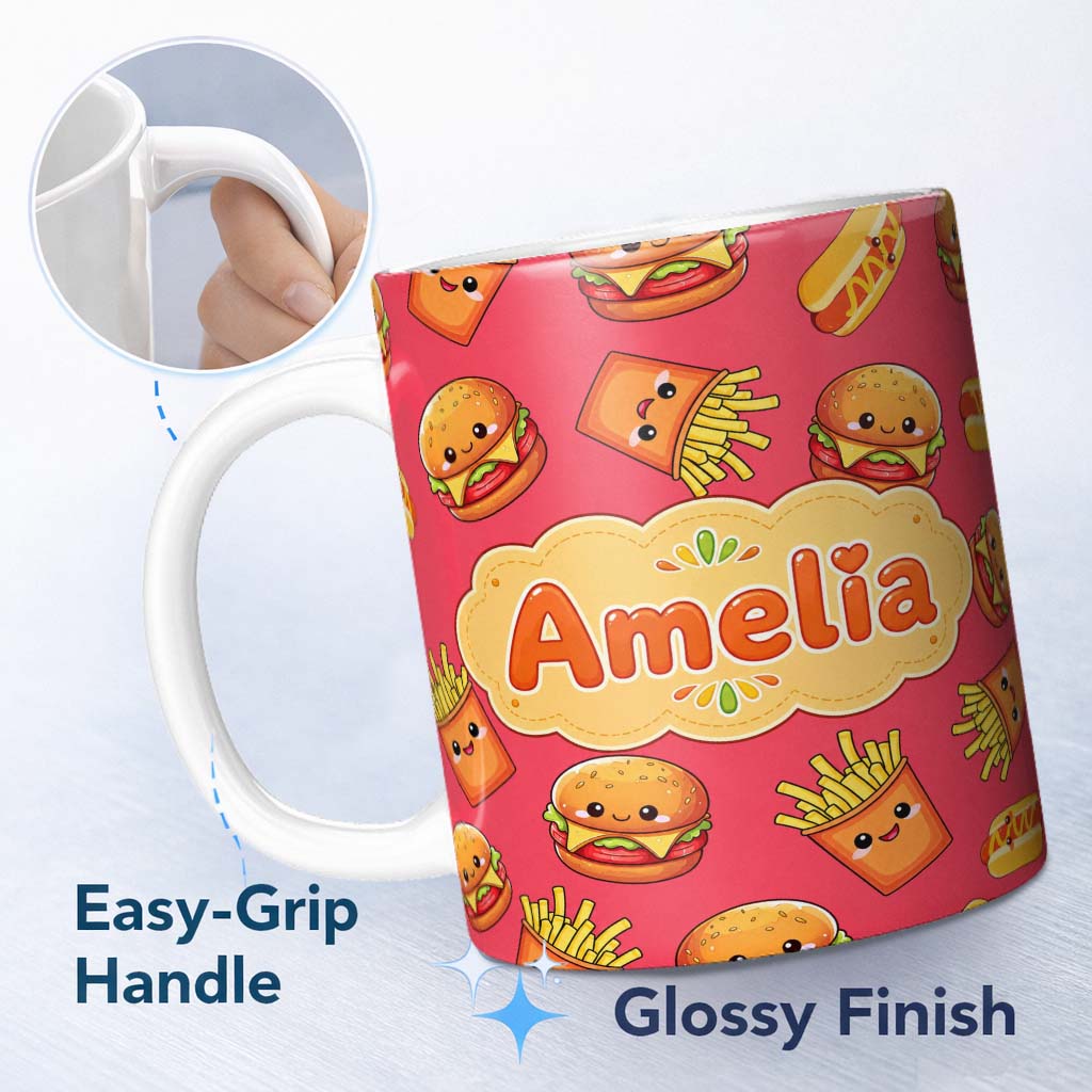 Personalized Custom Name Cute Kawaii Burger Fries Hotdog Fast Food Red Background Seamless 11oz Ceramic Coffee Tea Mug White Large Handle