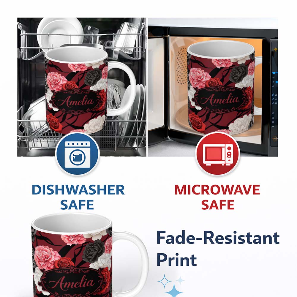 Personalized Custom Name Elegant Rose Floral with Black Red and White Flowers on Deep Red 11oz Ceramic Coffee Tea Mug White Large Handle