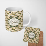 Personalized Custom Name Warm Beige Cream Hydrangea Floral Seamless Pattern Cute Unique Gift 11oz Ceramic Coffee Tea Mug White Large Handle