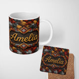 Personalized Custom Name Red Gold Grey 3D Block Abstract Seamless Pattern Cute Unique Gift 11oz Ceramic Coffee Tea Mug White Large Handle