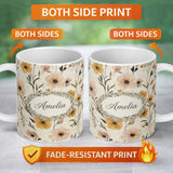 Personalized Custom Name Neutral Linen Style Floral Botanical Seamless Pattern Lovely 11oz Ceramic Coffee Tea Mug White Large Handle