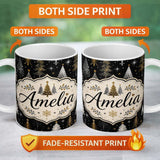 Personalized Custom Name Elegant Gold Silver Christmas Trees Black Seamless Pattern Lovely 11oz Ceramic Coffee Tea Mug White Large Handle