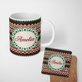 Personalized Custom Name Festive Knitted Fair Isle Christmas Pattern Seamless Lovely 11oz Ceramic Coffee Tea Mug White Large Handle