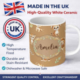 Personalized Custom Name Baby Safari Animals Leopard Tiger Lion on Warm Brown Seamless 11oz Ceramic Coffee Tea Mug White Large Handle