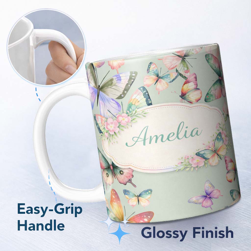 Personalized Custom Name Pastel Watercolor Butterflies Sage Green Background Seamless Pattern 11oz Ceramic Coffee Tea Mug White Large Handle